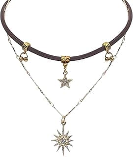 Gothic Choker Necklace for Women Double-Layer Sun Star Pendant Collar Two Row Adjustable Brown Chain Punk Fashion Jewelry Birthday Gift