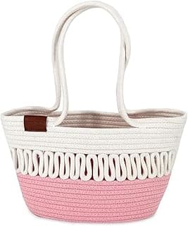 ROYAL TREND Women Stylish Pure Cotton Boho Fancy Handmade Handbags Tote Basket Bag Shoulder Purse For Ladies Girls College Office Shopping Travel Gift For Sister Pink White, 13.3" H x 16.5" L