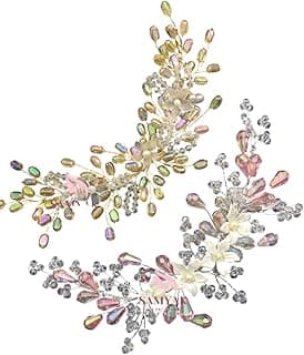 Samyak Combo of 2 Wedding Hair Pins Tiara Accessories Handmade Headdress Brooch for Women & Girls Bridesmaid Hair Vine (Pink-Gold)