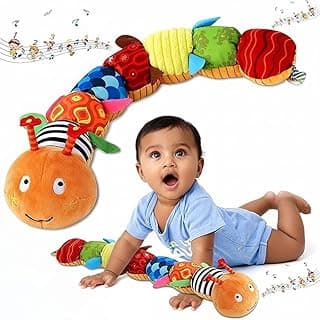 Turtlebee Baby Musical Worm Soft Infant Toy, 6 Different Sensory, Crinkle and Rattle Stuffed Animals for Newborn Toy Tummy Time 0-3-6-12 Months Old Girl Boy Gifts (Multicolor)