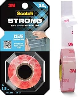 Scotch 3M Clear Double-Sided Tape, 1M Holds 3.3 Kg, Invisible Finish, for indoor hanging applications, works on uneven surfaces, Heavy Duty, Strong Adhesive, (L: 1.5m, W: 19mm), Transparent