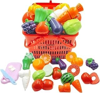 PLUSPOINT 15 Pcs Fruit & Vegetable Cutting Toy Set with Basket | Sliceable Pretend Play Kitchen Toys for Kids | Learning Toy with Knife & Cutting Board for Boys & Girls