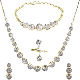 Jewellery Set for Women American Diamond Combo of Choker Necklace Set with Earrings, Bracelet and Ring for Girls and Women