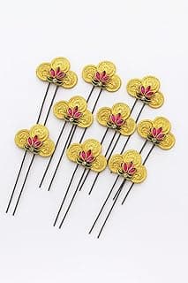 Lotus Flower Hair Pins, Pink and Turquoise with Gold Finish, Metal, Set of 6, Decorative Hair Accessories for Women