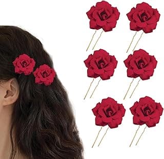 TEMPERIA (6pcs) Hair Accessories For Women & Girls - Bridal Brooch & Braid for Hairstyle of Bride, Wedding & Party - Stylish Red Rose Artificial Flowers Bun Juda U Pins & Clips for Style & Decoration