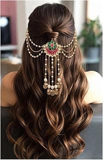Traditional Clip, Gold-Plated with Kundan Work, Pearl Strings and Leaf Charms, Wedding Multicolor Pearl Kundan Hair Clip for Women