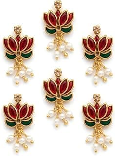 Red Lotus U Pin Hair Accessory for Women | Kundan Stone Floral Hair Pin | Gold Finish Traditional Hair Jewellery(Pack of 6)