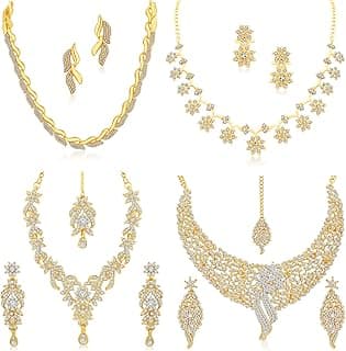 Sparkling Gold Plated Wedding Jewellery Austrian Diamond Set of 4 Necklace Combo for Women (SKR48715)