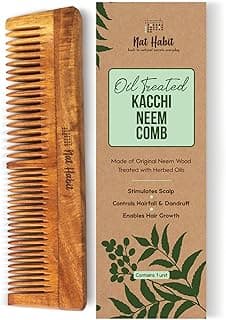 Nat Habit Kacchi Neem Wooden Comb, Soaked In 17 Herbs Neem & Sesame Oil For Multi-Actions - Detangling, Frizz Control & Shine,Suited For All Hair Types (Dual Tooth)