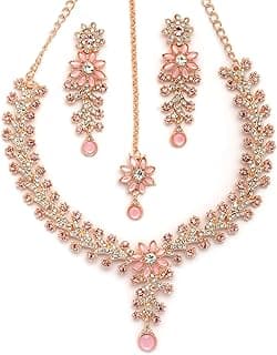 Charming AD Diamonds Studded Floral Choker Necklace with Danlge Earrings Maangtikka Jewellery Set for Women & Girls
