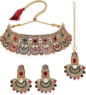 Graceful Curve Shaped Gold Plated AD Stones Choker Necklace Set With Earring And Maangtika | Jewellery Set For Women