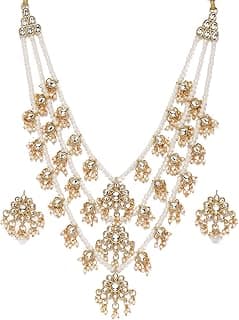Ethnic Kundan & Pearls Multi Layers Bridal Necklace Set For Women-ZPFK8689