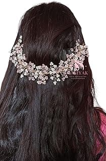 Samyak Crystal Pearl Hair Tiara Vine Hair Headband Headdress Hair Jewellery For Women | Hair Pin | Bun | Hair Accessory For Bridal Wedding Bridesmaid, Pink, Pack of 1