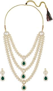 Green Dazzling Stones Austrian Diamonds Embellished Layered Necklace & Earring Set For Women-ZPFK18891