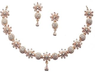 Rhodium Plated Silver Toned White American Diamond Studded Necklace With Earring Jewellery Set For Woment and Girl