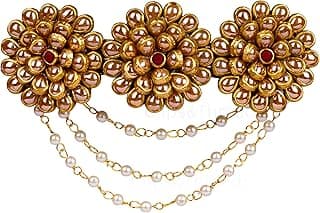 Elegant Floral Hair Clips for Women, Girls & Kids – Pearl & Gemstone Decorated Center Barrette, Lotus Design, Decorative Hair Accessories, Indian Ethnic Hair Jewelry, Gift for Women (Gold)