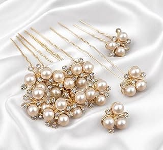 Pins for hair bun – Pack of 12 wedding Golden U Pins with Pearls & Rhinestones for Women & Girls and bridal beauty accessories