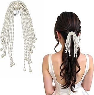 Pearl Bridal Hair Comb Clip with Long Beaded Tassels | Wedding Juda Hair Accessory for Bridal Bun & Hairstyles, 1 Pcs White