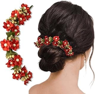 Temperia Hair Accessories For Women's & Girls -Stylish Red Rose Artificial Flowers Bun Juda Bridal Brooch & Braid For Hairstyle & Decoration - Pins & Clips For Style Of Bride, Wedding & Party (Mn106)