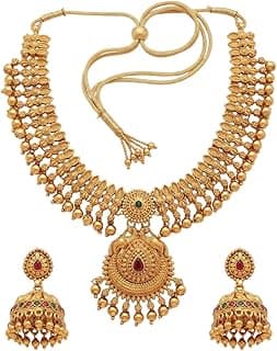Gold-Plated Antique Temple Jewellery Set for Women - Traditional Necklace with Large Peacock Pendant & Matching Jhumka Earrings | Ethnic Festive & Bridal Wear Set with Ruby & Emerald Accents