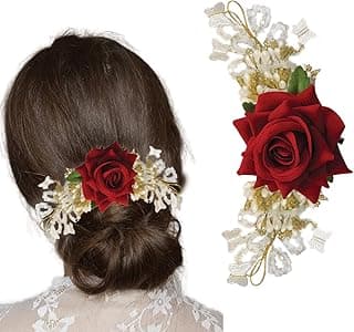 TEMPERIA (1pc) Hair Accessories For Women's & Girls - Stylish Artificial Flowers & Crystal Pearls Bun Juda Bridal Brooch for Hairstyle & Decoration - Pins & Clips for Style of Bride (Red & White)