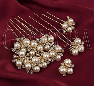 Glamora Juda Pins for Hair Bun – 12 Pcs Golden Diamond Pearl U Pins with Rhinestones - Wedding hair accessories for Women, and Bridals beauty accessories